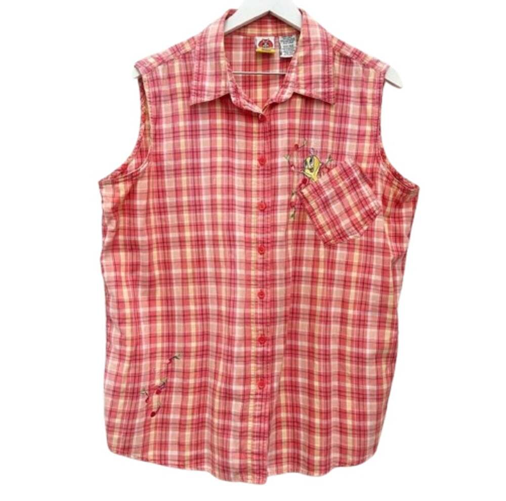 LOONEY TUNES Vintage 90s Tweety Bird Plaid Sleeveless Shirt Womens 14W 16W